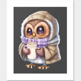 Chibi Owl Drinking Hot Chocolate cute christmas snow design series 4 Posters and Art